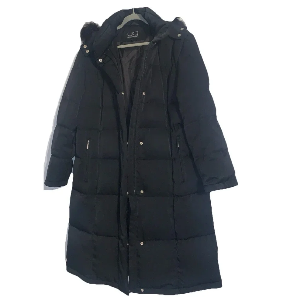 Utex Design Womens L Parka Down Puffer Coat Hooded Fur Quilted Black Long Jacket